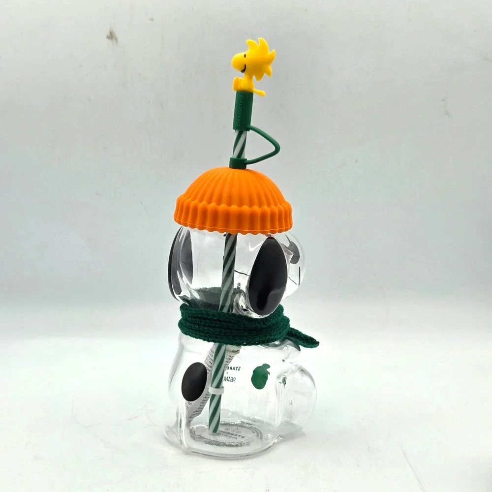 Starbucks x Peanuts Snoopy Glass Cup Clear w/ Orange Lid & Straw